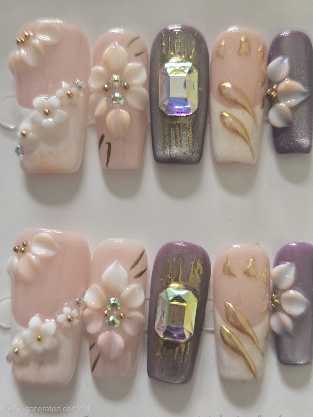 3D Floral Press-On Nail Set in Pink & Purple with Gold Accents